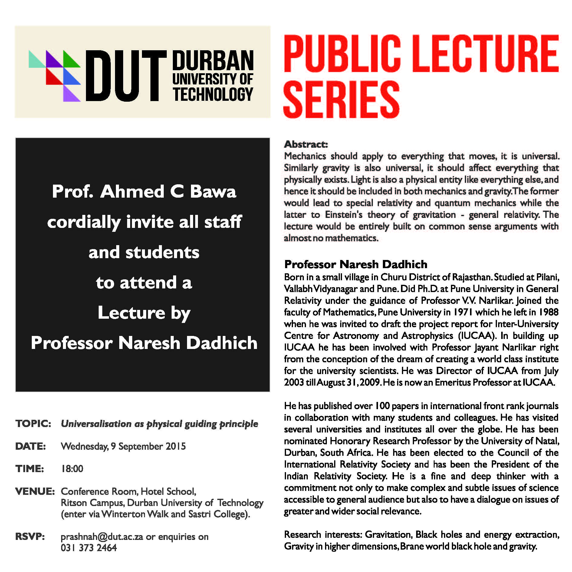Public Lecture by Prof Naresh Dadhich
