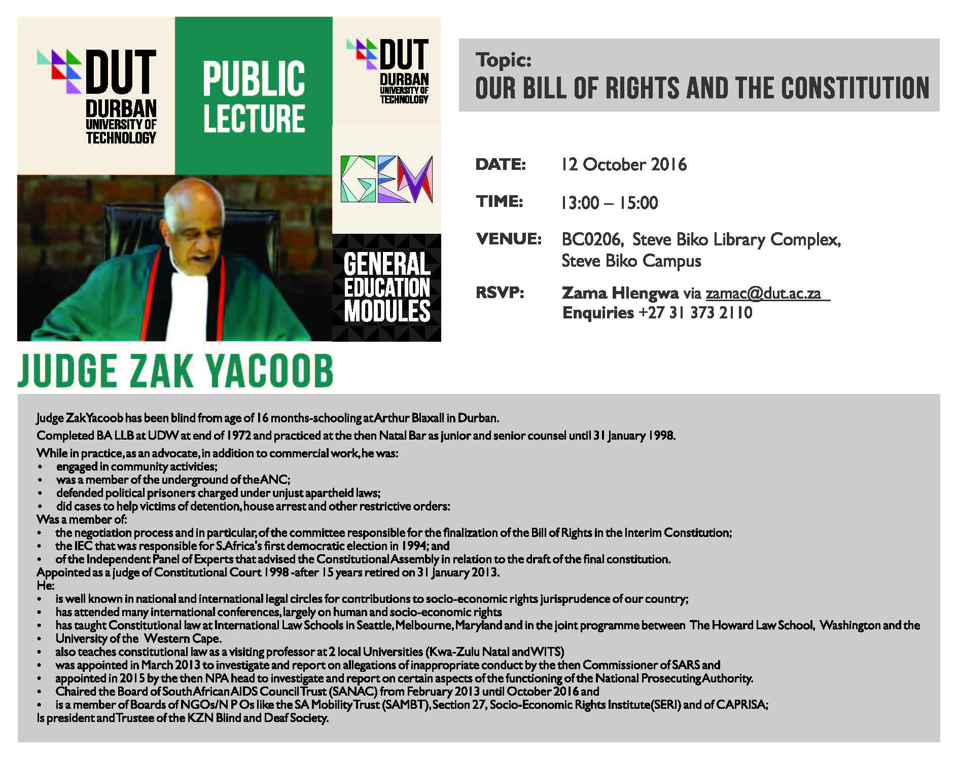 Public Lecture : Judge Zak Yacoob