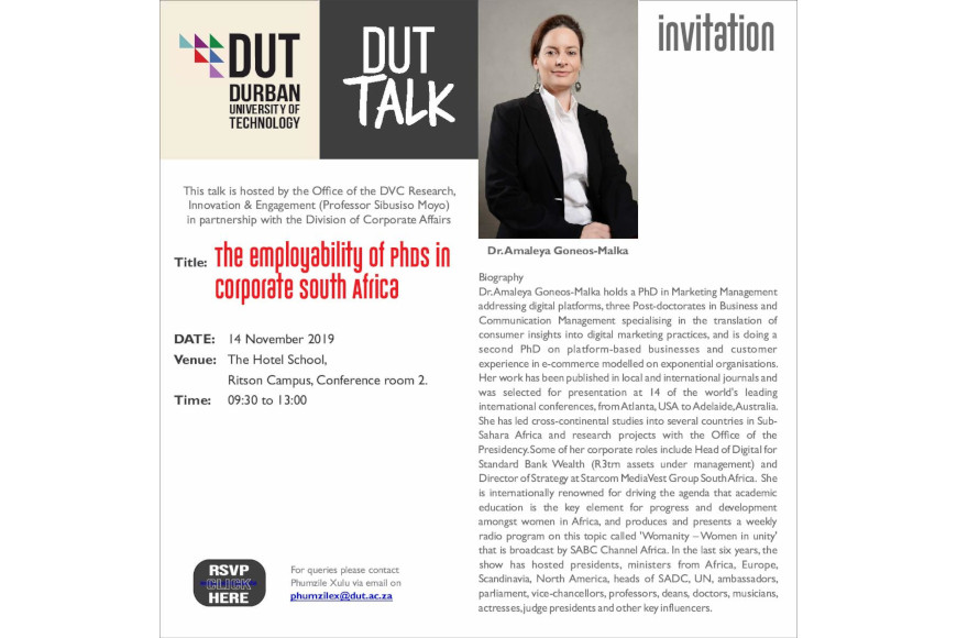DUT Talk: The employability of PhDs in Corporate South Africa