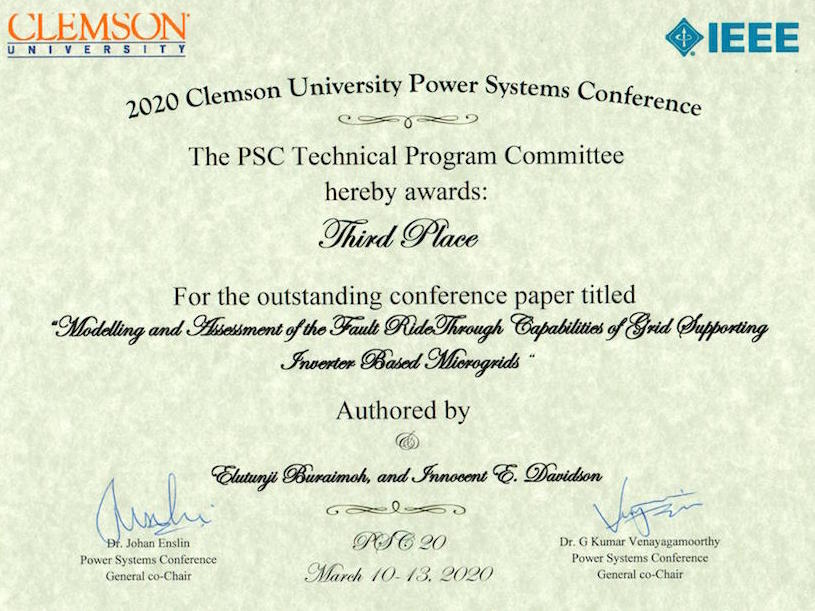 2020 Clemson PSC Conference Best Paper Award for E Buraimoh and Prof I E Davidson